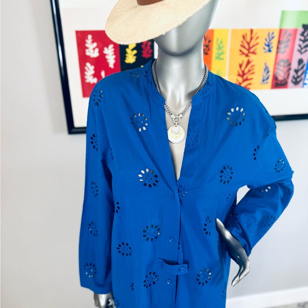 Zara of Paris / Vibrant Blue Eyelet Button-Up Dress or Duster - Picture 2 of 14